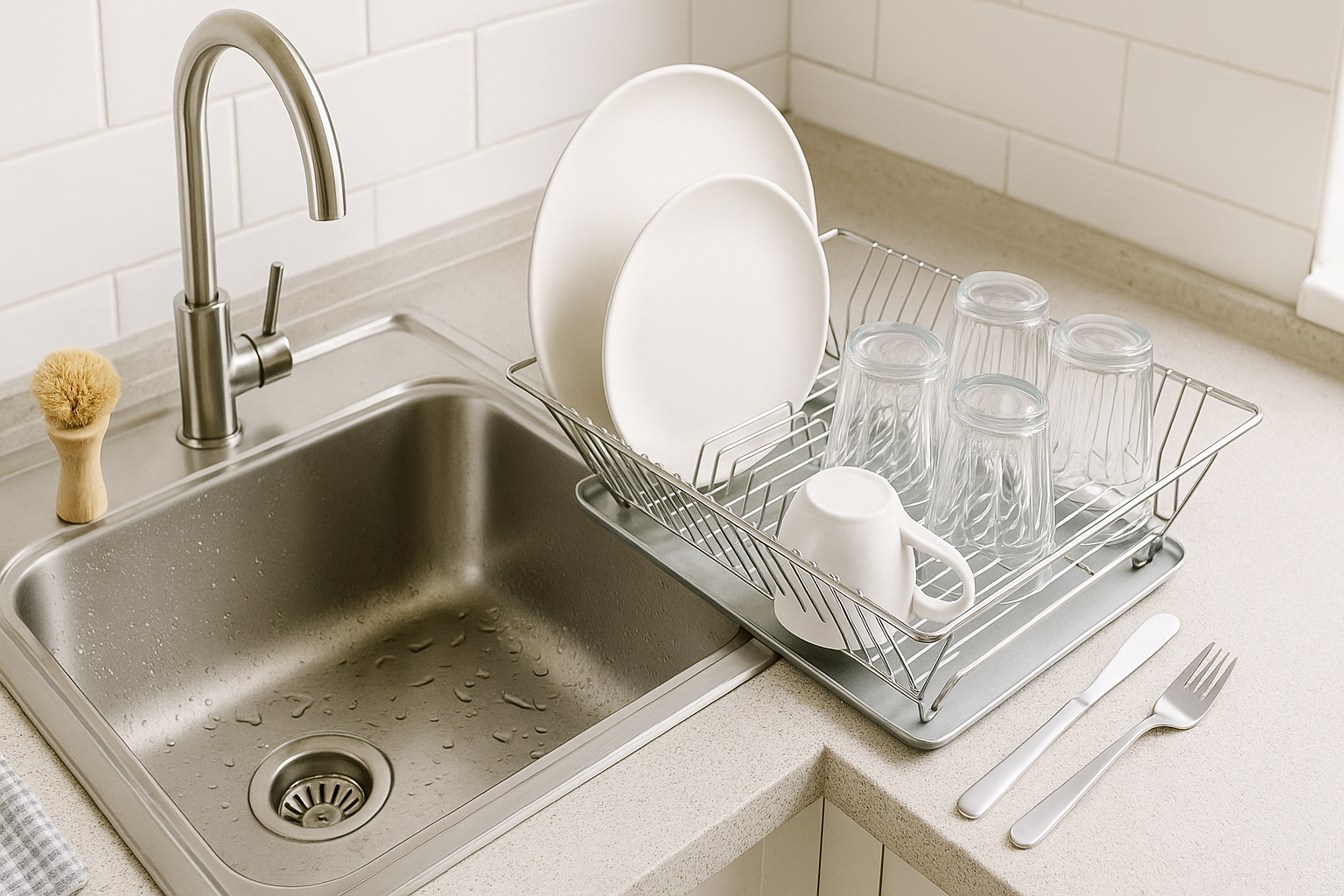 A clean kitchen sink with water droplets and a metal dish rack holding neatly arranged white plates, clear glasses, a mug, and utensils, illustrating efficient dish cleaning techniques in a modern kitchen setting.